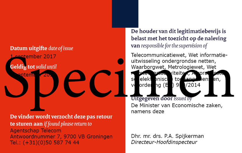 Specimen van de achterkant van een legitimatiebewijs van een toezichthouder van Agentschap Telecom