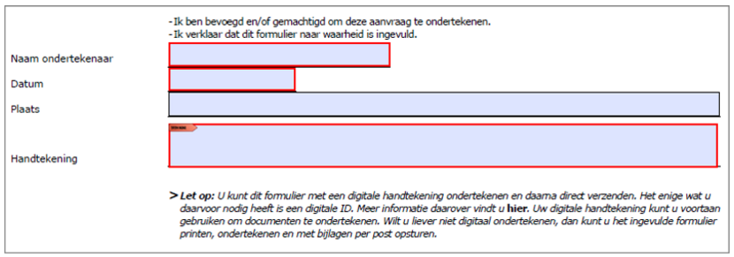 Printscreen van wat u te zien krijgt als u een formulier digitaal moet ondertekenen: naam ondertekenaar, datum, plaats, handtekening