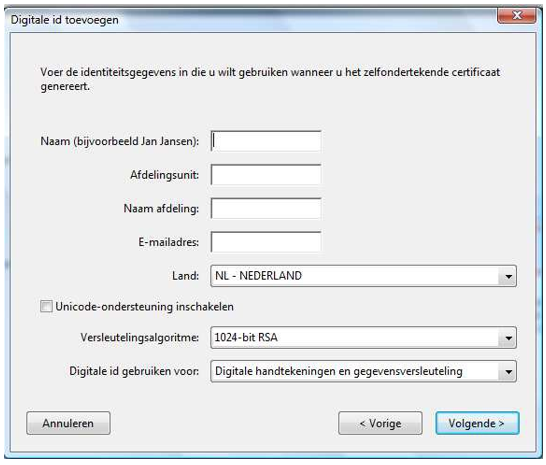 Printscreen van wat u te zien krijgt als u een formulier digitaal moet ondertekenen: het invullen van gegevens voor het toevoegen van uw digitale ID