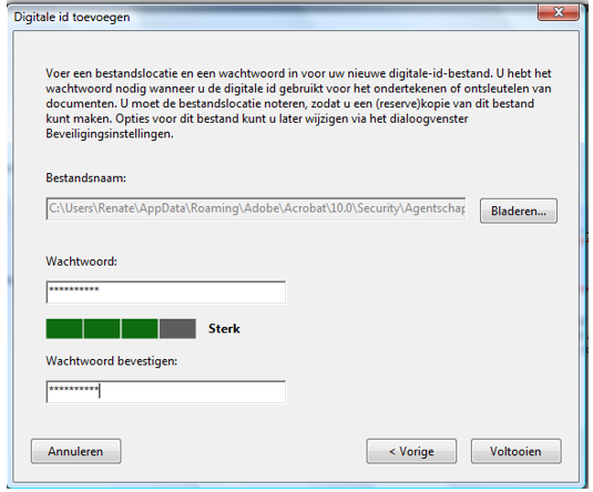 printscreen digitale id ondertekenen: Heeft u gekozen voor een PKCS#-bestand, dan moet u als laatste nog een wachtwoord opgeven.